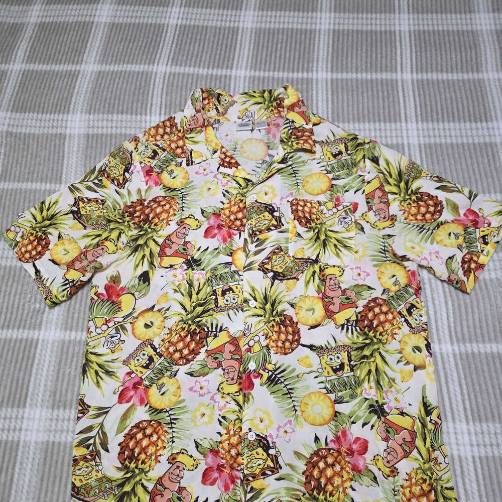 SpongeBob SquarePants Hawaiian Shirt Mens XL‎ Pineapple Tropical Rayon Button Up